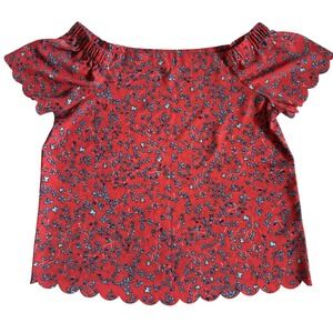 Elle Ditsy Floral Print Red Blue Off The Shoulder Scalloped Edge Top Women's Med